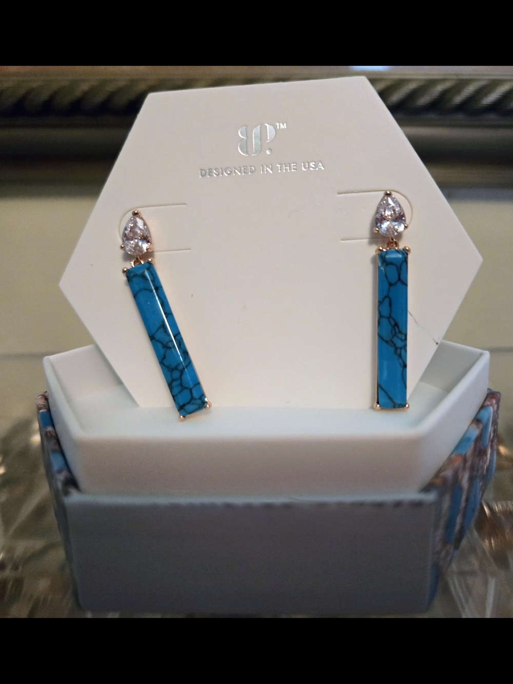 bp Turquoise Bar Drop Earrings with Clear Teardrop Accent